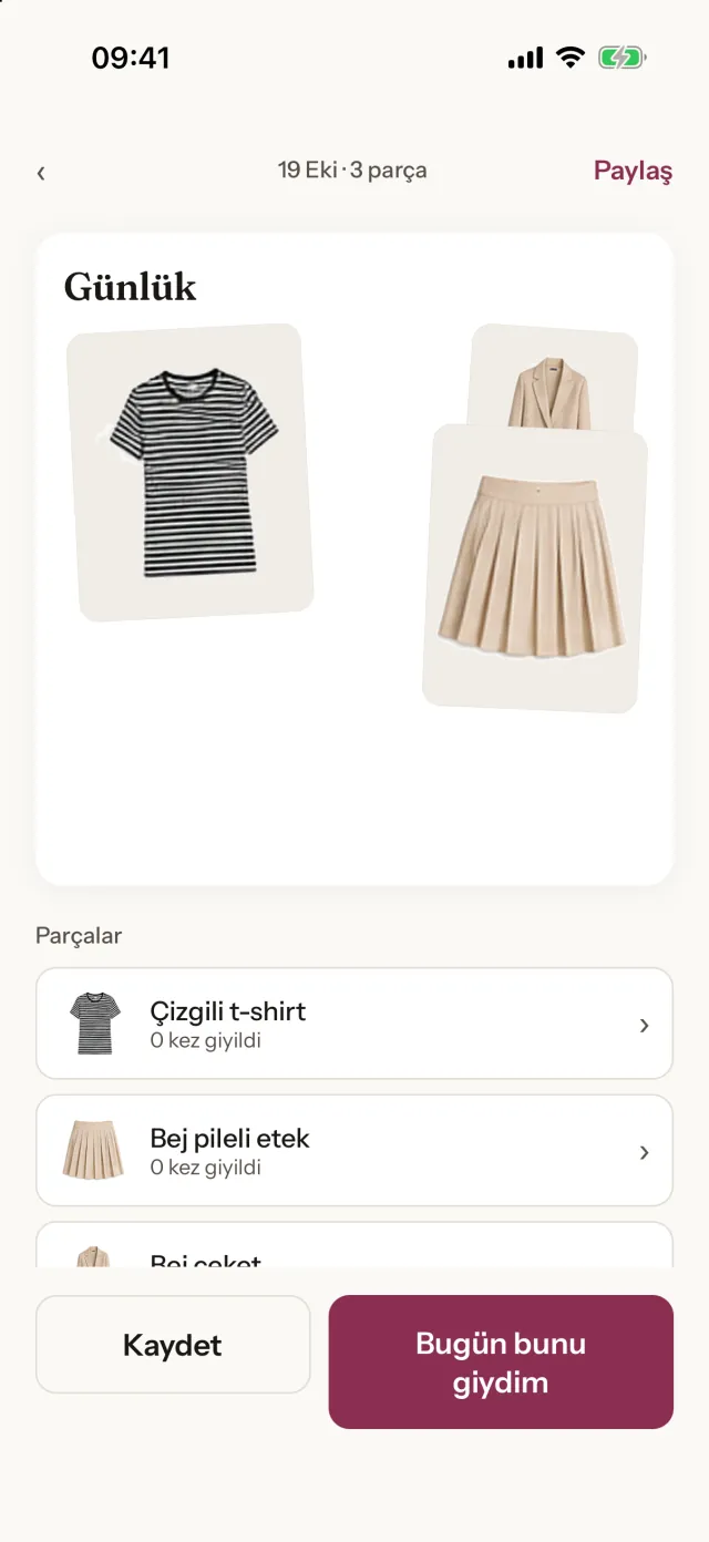 HarDress uygulamasında günün kombini ve parça listesi