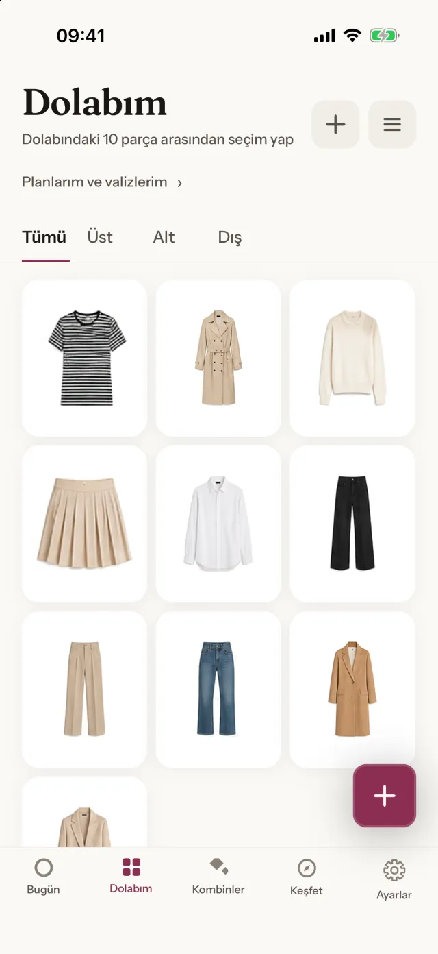 HarDress uygulamasında dolap ekranı