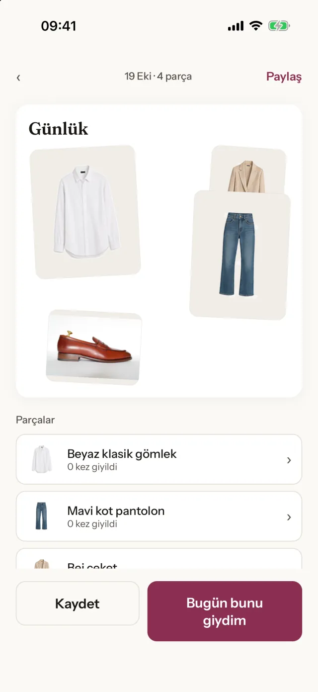 HarDress uygulamasında günün kombini ve dört parçalık liste